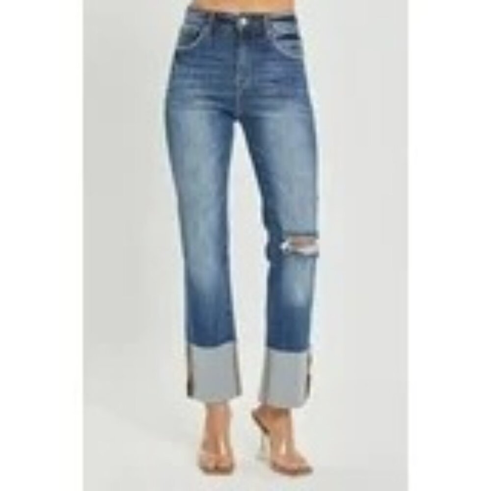 Risen High Rise Wide Cuffed Straight Denim Jeans - Sz 11/30 - NWT - Picture 3 of 9